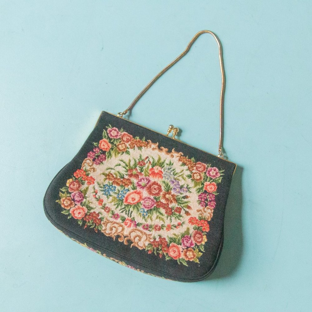 VINTAGE Petite Point Floral Tapestry Gold Trim Chain Mini Hand Bag